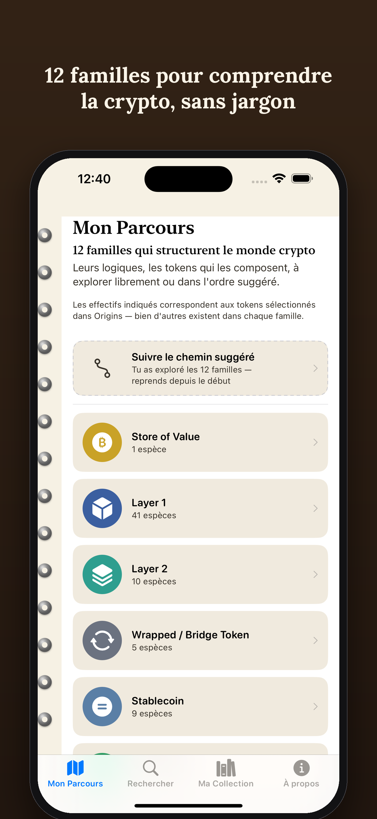 Écran Mon Parcours de Tokenami Origins, montrant les 12 familles de cryptomonnaies