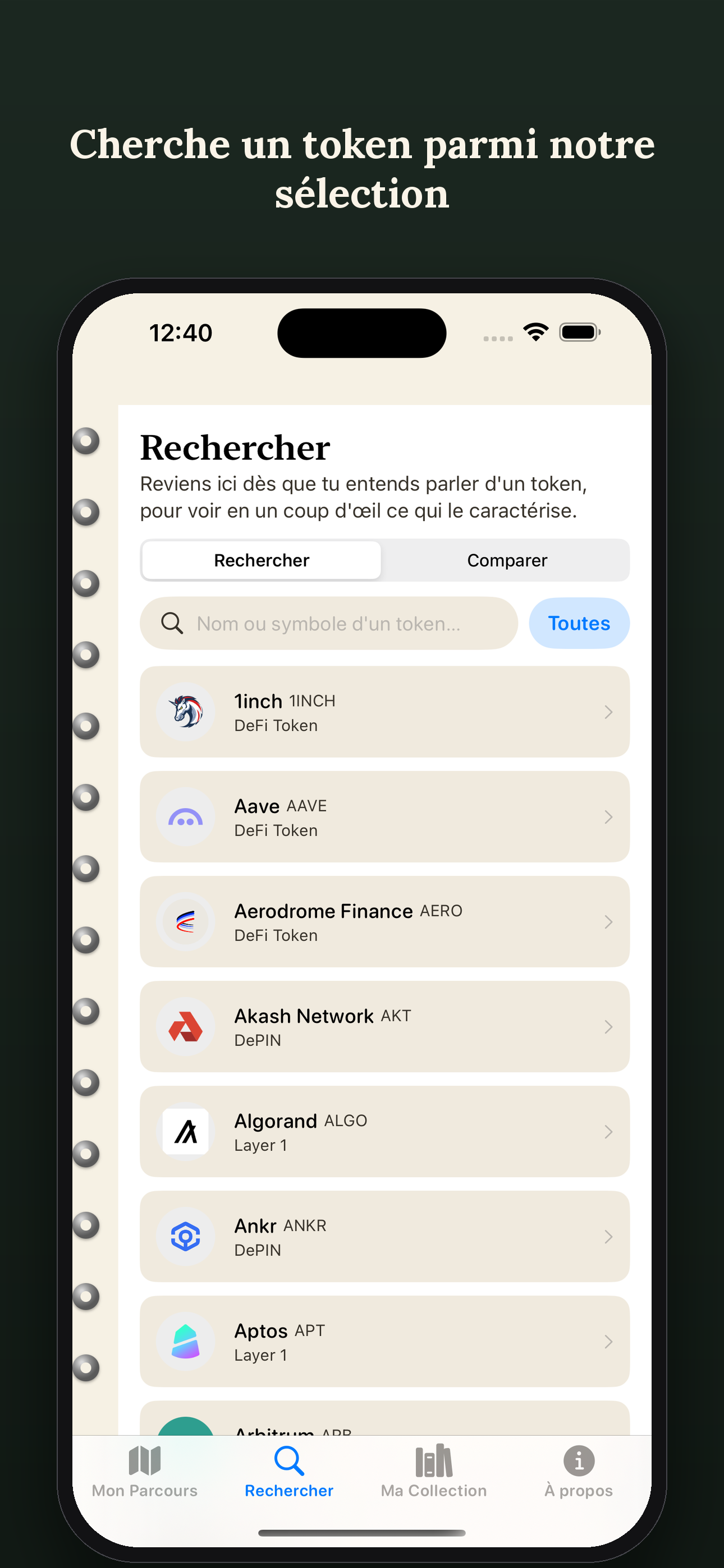 Écran Rechercher de Tokenami Origins, avec la liste des tokens par famille