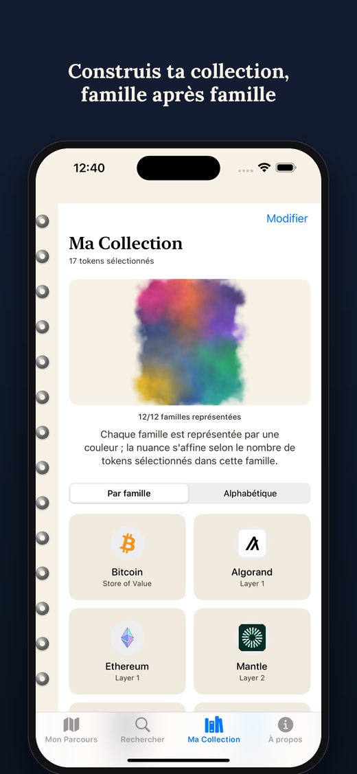 Écran Ma Collection de Tokenami Origins, montrant les tokens sélectionnés par famille