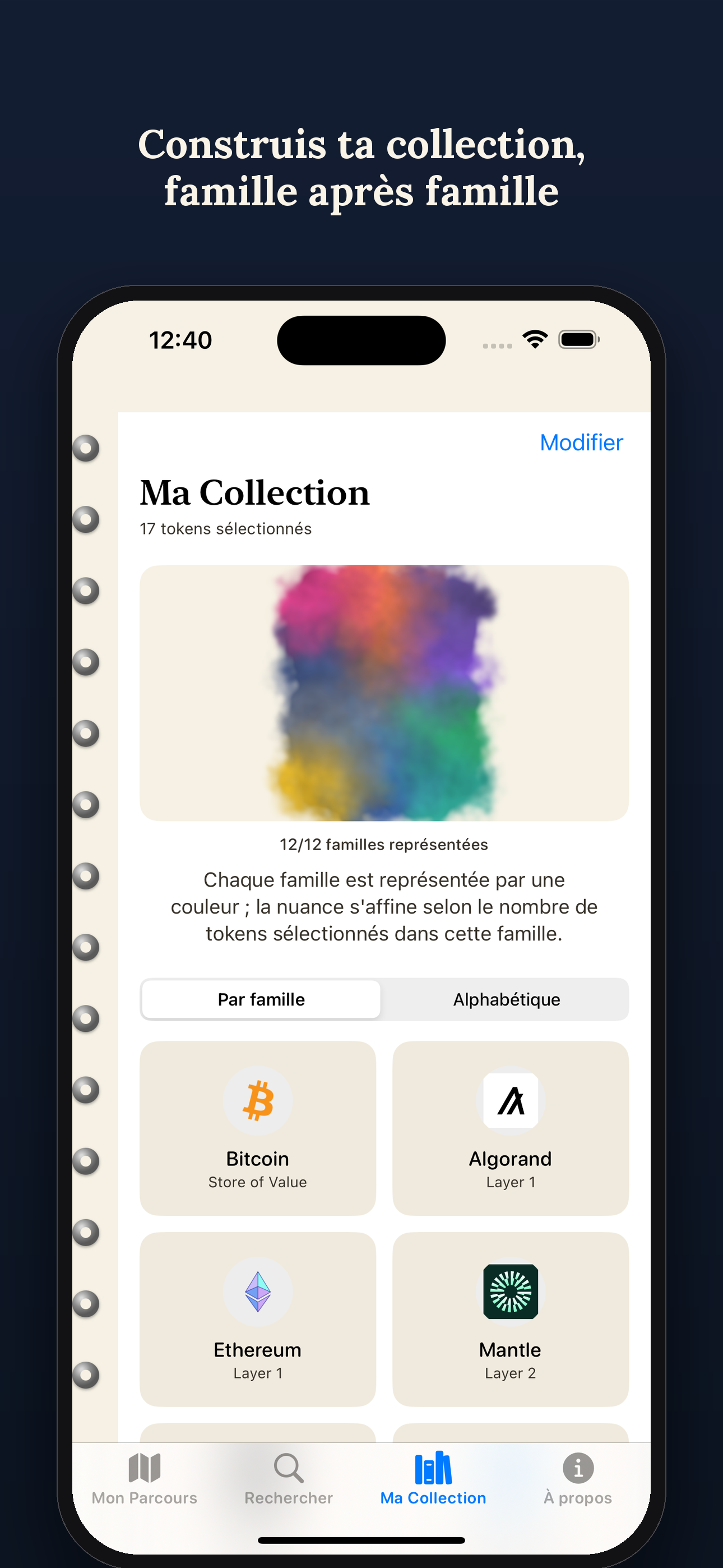 Écran Ma Collection de Tokenami Origins, montrant les tokens sélectionnés par famille
