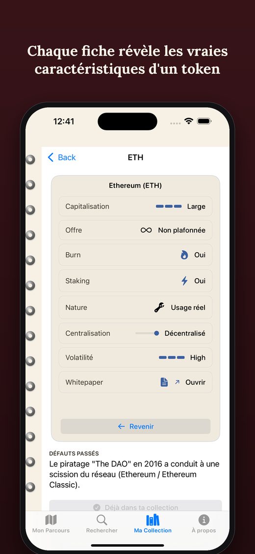 Fiche détaillée d'un token dans Tokenami Origins, montrant ses caractéristiques