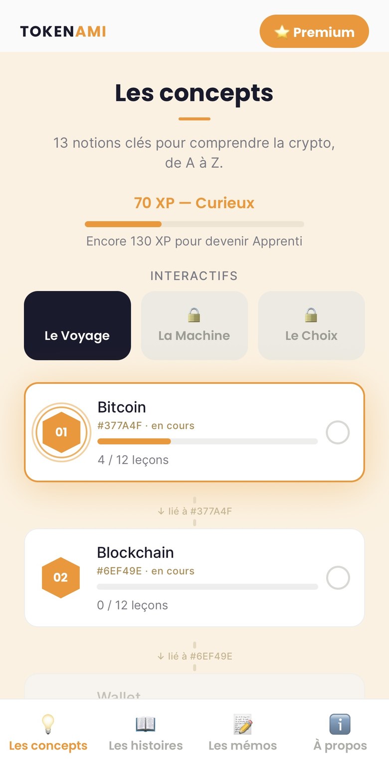 Écran Les concepts de Tokenami, montrant le parcours en chaîne des notions Bitcoin et Blockchain