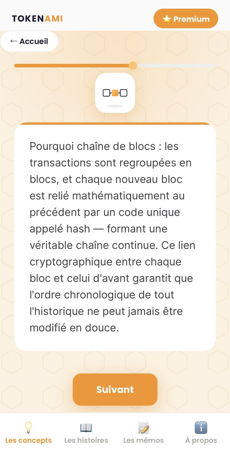 Écran d'une leçon Tokenami expliquant pourquoi on parle de chaîne de blocs
