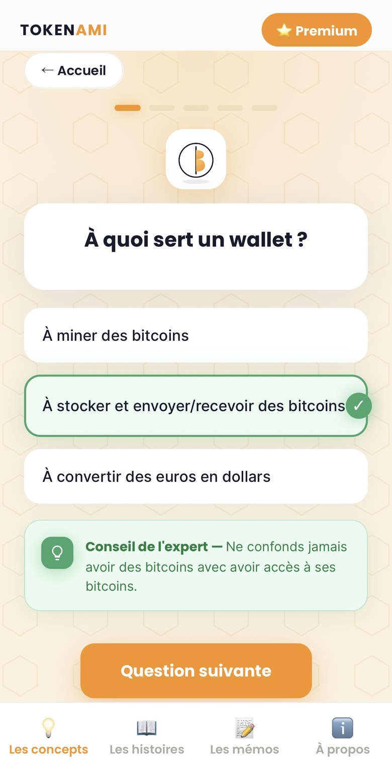 Écran de quiz Tokenami avec un conseil de l'expert après la bonne réponse