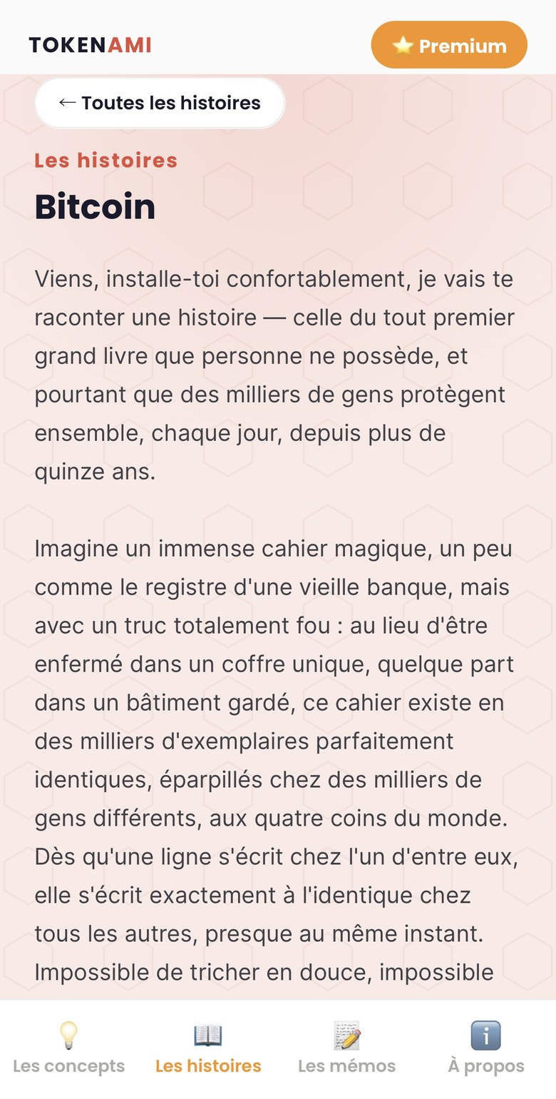 Écran d'une histoire Tokenami racontant l'origine de Bitcoin