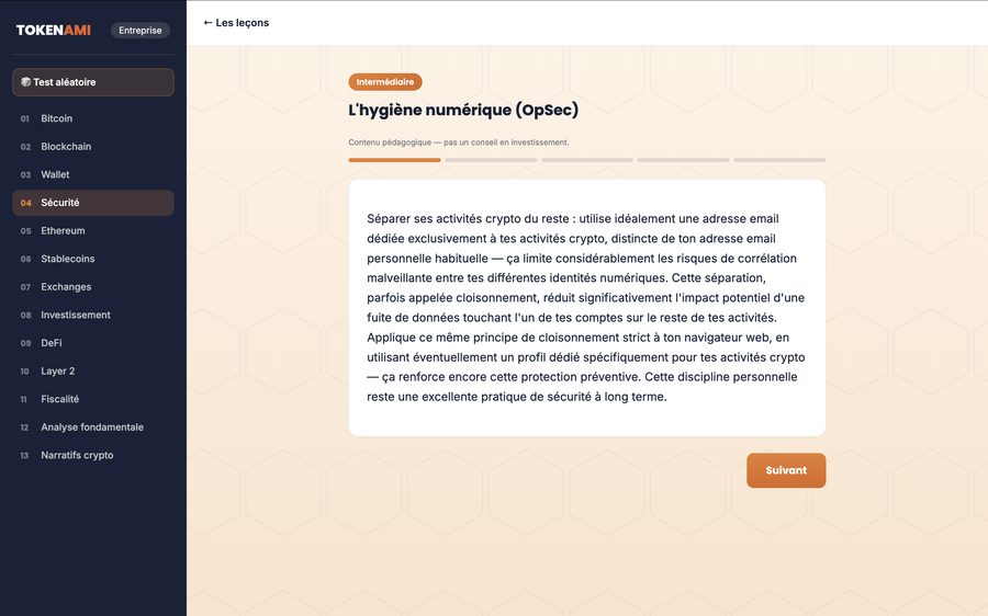 Exemple de leçon dans l'accès web Tokenami Entreprise, sur l'hygiène numérique