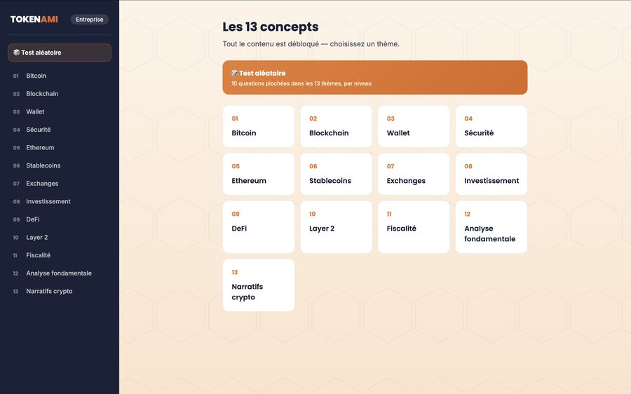 Menu principal de la plateforme Tokenami, listant les 13 chapitres sur les cryptomonnaies