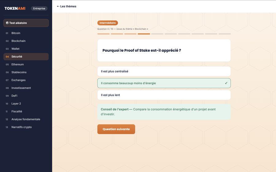 Exemple de question de quiz dans l'accès web Tokenami Entreprise, sur le Proof of Stake
